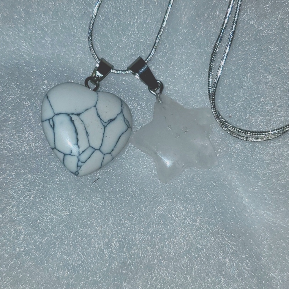 Boho Howlite Heart and Quartz Crystal star Silver 24" Necklace
